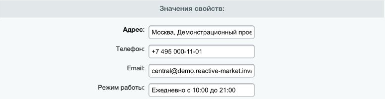 Поля магазина: адрес, телефон, email и режим работы.